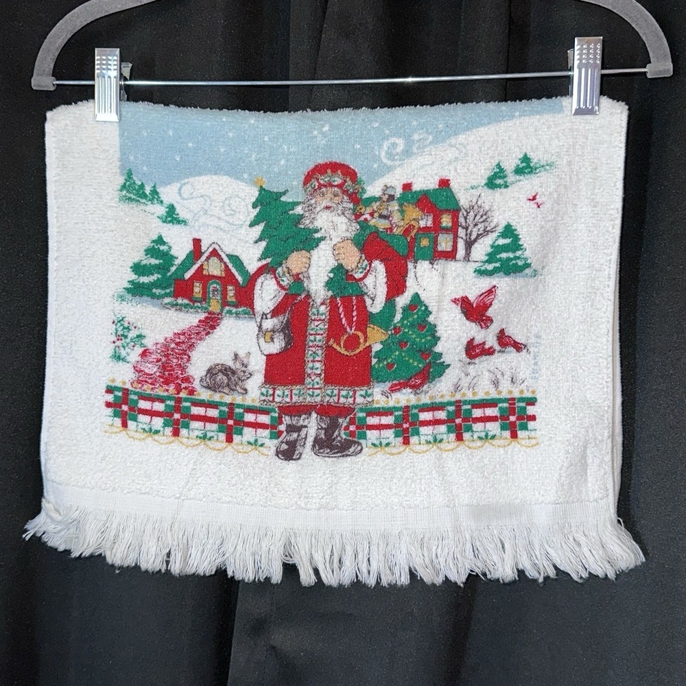 Vintage Cannon Tea Hand Towel Christmas Santa Cardinals Winter Fringe 15x24